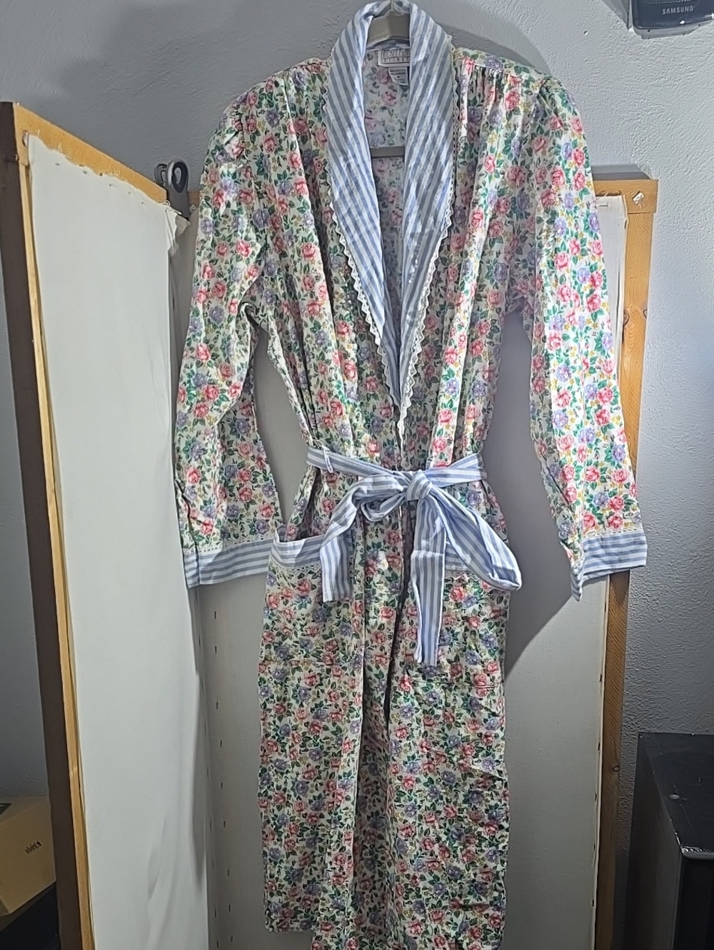 Floral Cotton Bathrobe with Blue Stripe Trim